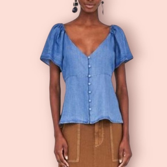 Zara Chambray Denim Flutter Sleeve Button Up V-Neck  Blouse, Size XL - Picture 6 of 6